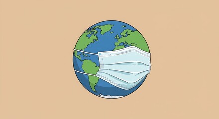 Earth wearing a surgical mask on a beige background, global health concept.