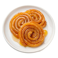 Delicious Jalebi Indian Sweet Dessert on white plate isolated on white background