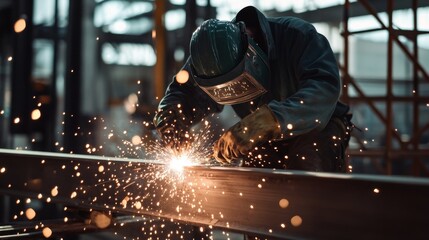 A construction worker welding metal beams on a building site. Featuring strength and precision