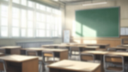 School classroom in blur background without young student; Blurry view of elementary class room no kid or teacher with chairs and tables in campus. Ai Generated Images