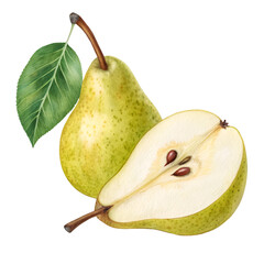A Fresh pear with leave and Half Cut isolated on white background