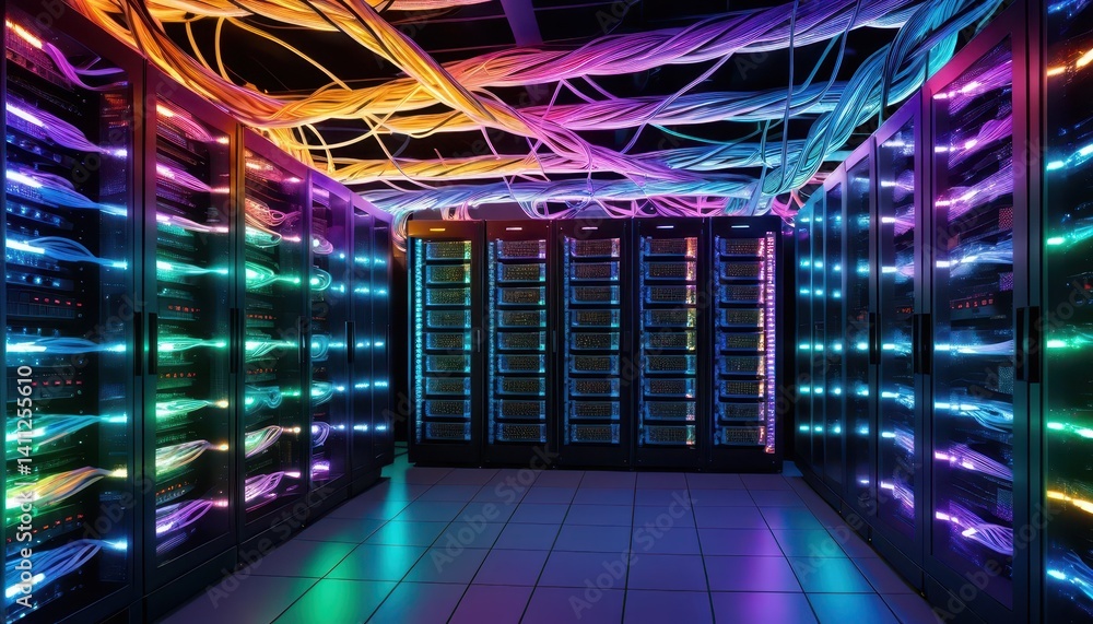 Poster Brightly Lit Server Room with Black Racks and Colorful Cables Creating a Futuristic Atmosphere of Technology and Connectivity in a Modern Workspace
