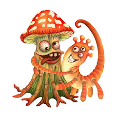 Friendly monsters hugging. Isolated watercolor composition with funny tailed, three-eyed monster squeezing in hands fly agaric mushroom for t-shirt design, card, sticker or kids room decorating