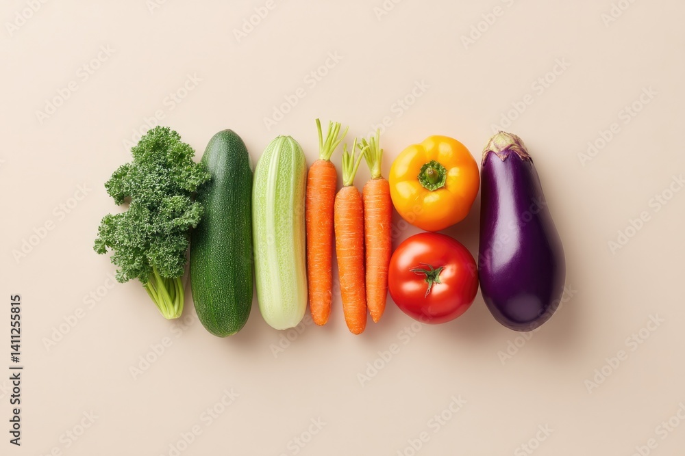 Poster array of fresh non-gmo fruits and vegetables arranged neatly on light neutral background