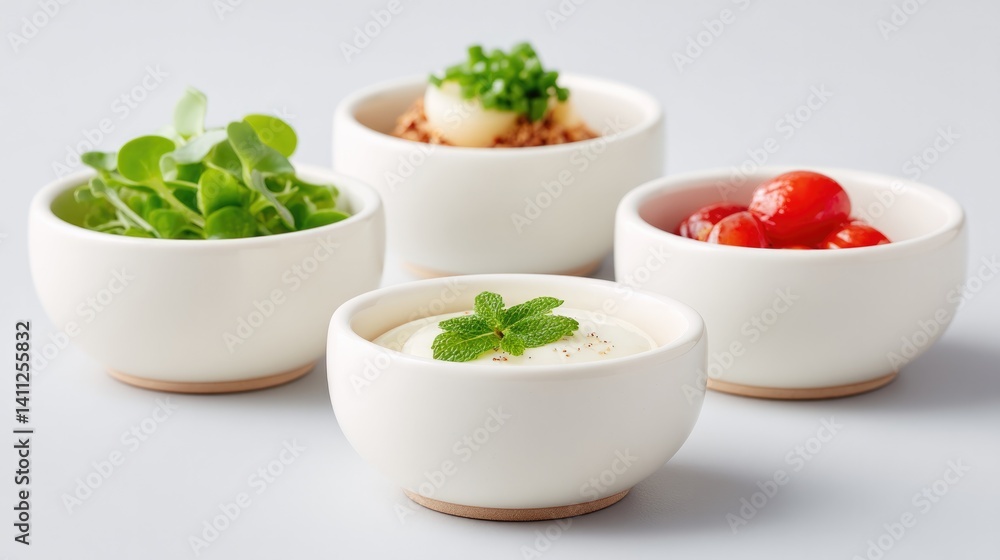 Poster array of minimalistic side dishes elegantly displayed in small white bowls against plain light backg