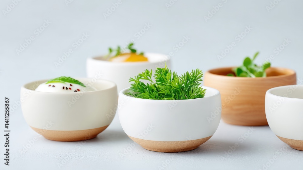 Poster array of minimalistic side dishes elegantly displayed in small white bowls against plain light backg