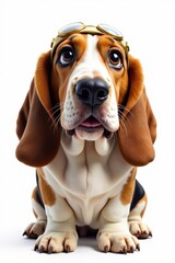Basset hound, goggles, ears aloft, whimsical, isolated , dog portrait, lowrider, dog breed