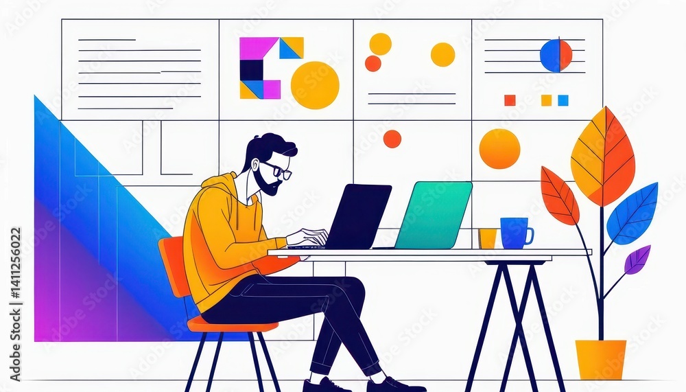 Poster focused bearded man working at a desk with two laptops and colorful charts displayed on the wall sur