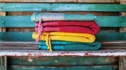 A vibrant stack of folded colorful towels sits on wooden boards