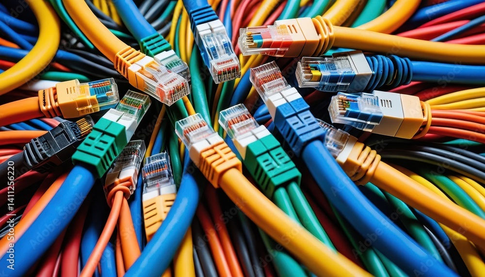 Poster Close-up of Tangled Vibrant Multicolored Ethernet Cables with Exposed RJ45 Connectors Showcasing a Technological Fiber Optic Connection Network