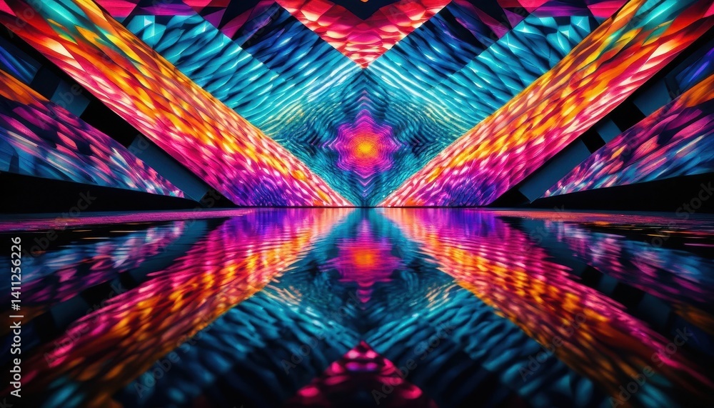 Aufkleber Vibrant Kaleidoscopic Display of Multicolored Triangular Panels with Symmetrical Reflective Effect on Glossy Floor Creating Dazzling Visual Experience