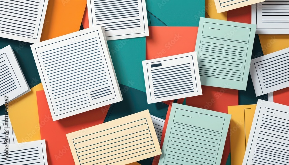 Poster chaotic arrangement of white lined papers stacked on colorful envelopes in shades of orange teal and