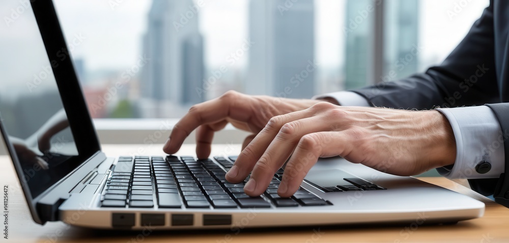 Poster close-up of hands typing on laptop computer with vibrant city skyline backdrop showcasing urban life