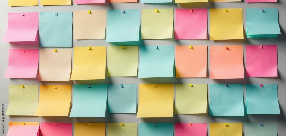 Poster a wall adorned with colorful pastel sticky notes perfectly arranged and secured with pins for creati