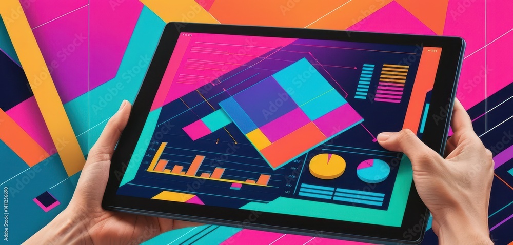 Poster Hands Holding Tablet Displaying Colorful Charts and Graphs on Vibrant Geometric Background for Digital Analysis and Data Visualization Concept 150 Characters
