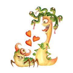 Obraz premium Lovers one-eyed monsters look at each other with affection. Romantic composition of caterpillar-like gorgon with snakes on its head and horned freak with beetle legs for card, sticker, poster design