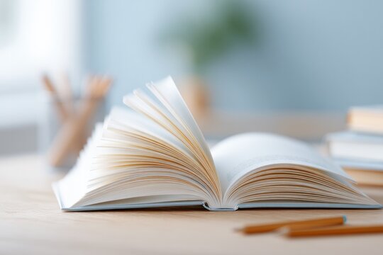 open book with fluttering pages set on wooden table gently lit by soft ambient light evokes sense of calm and inspiration