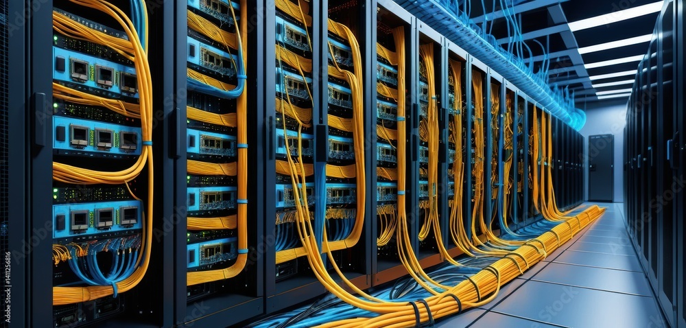 Poster A Long Row of Server Racks in a Data Center Densely Packed with Colorful Network Cables in Orange and Blue Extending into the Background