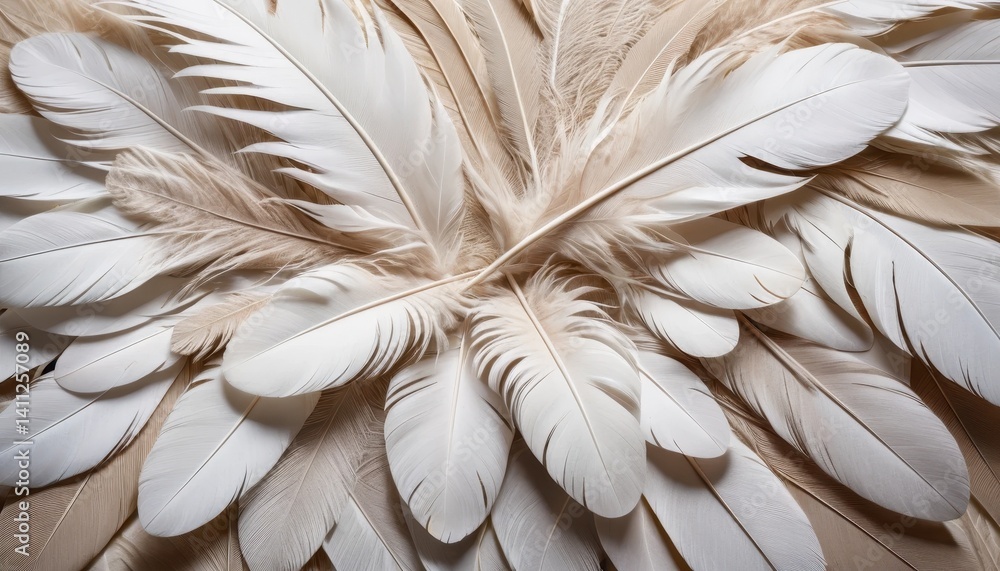 Poster a close-up view of intricately layered off-white and light beige feathers creating a rich textured c