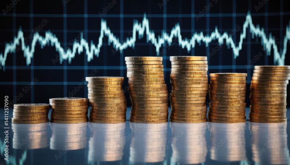 Aufkleber stacks of increasing height gold coins with fluctuating stock market graph background illustrating f