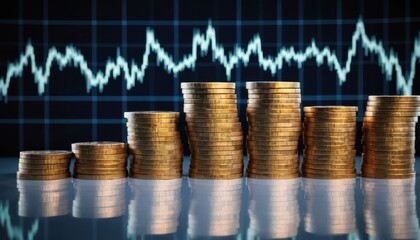 Stacks of Increasing Height Gold Coins with Fluctuating Stock Market Graph Background Illustrating Financial Investment Growth and Wealth Accumulation