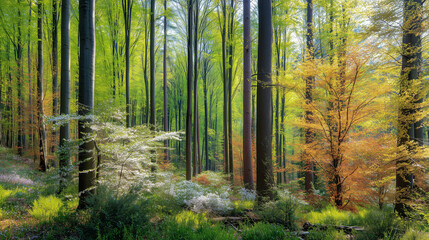 Fototapeta premium Vibrant forest with year-round trees, lush green foliage, autumn hues