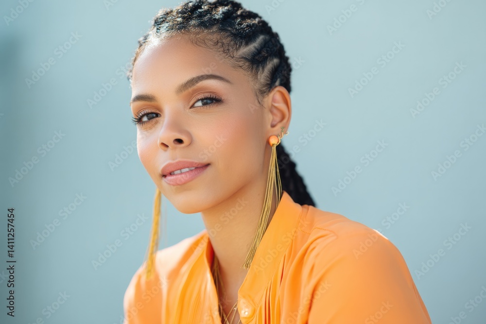 Poster capture barbiecore-inspired portrait with blurred background incorporating elements of minimalistic 