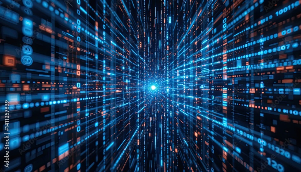 Poster abstract digital data stream tunnel background with blue and orange glowing lines