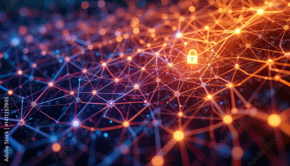 Poster abstract network security glowing orange and blue nodes connected in a complex web, representing dat