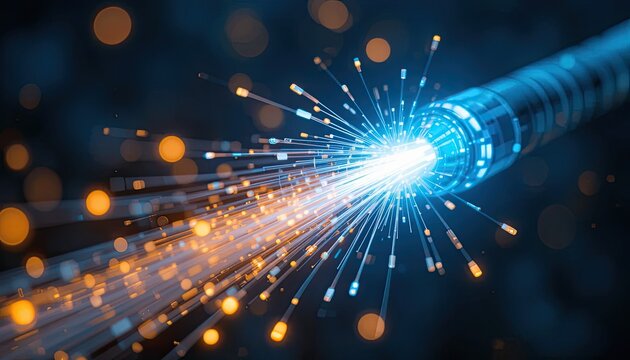 Blue and Orange Fiber Optic Cable with Bright Light Streaks on Dark Background