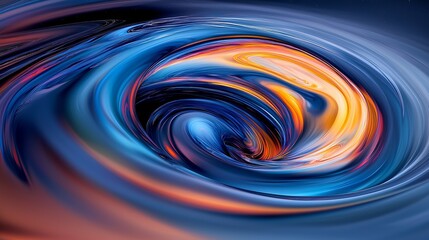 Abstract swirling vortex of vibrant colors, featuring blue, orange, and hints of purple, creating a mesmerizing visual effect.