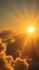 Golden hour sunlight bursts through fluffy clouds, casting warm glow, art, serene, photograph