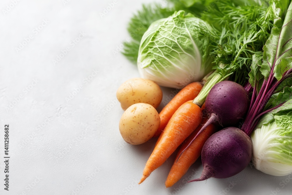 Poster capture vibrant array of fresh organic vegetables neatly arranged on clean white background with amp