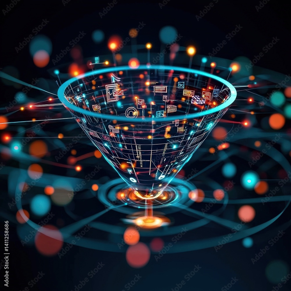 Poster a visualization of a decision-making funnel refining raw data into conclusions, critical thinking sk