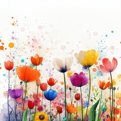 A watercolor-style digital painting of a blossoming floral garden, sprint flower