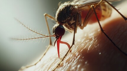 A close up macro image of a mosquito biting skin