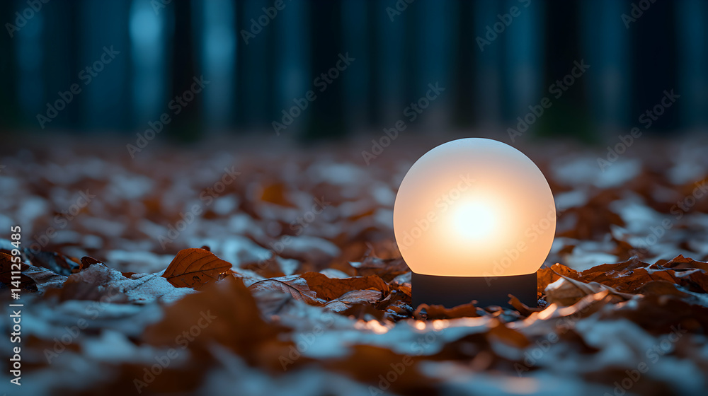 Poster glowing orb lamp illuminating autumn leaves in a dark forest, creating a serene and magical atmosphe