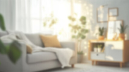 Blurred background of serene scandinavian living room featuring light wooden furniture, soft accents, and lush greenery, creating a cozy and inviting atmosphere. Ai Generated Images