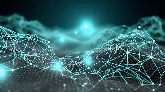 Interconnected network over binary code landscape, glowing in the distance, creating a sense of digital connectivity and future tech