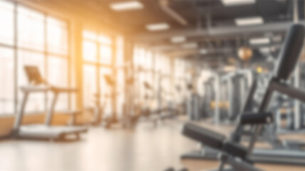 Abstract blur and defocused fitness sport equipment in gym room interior for background. Ai Generated Images