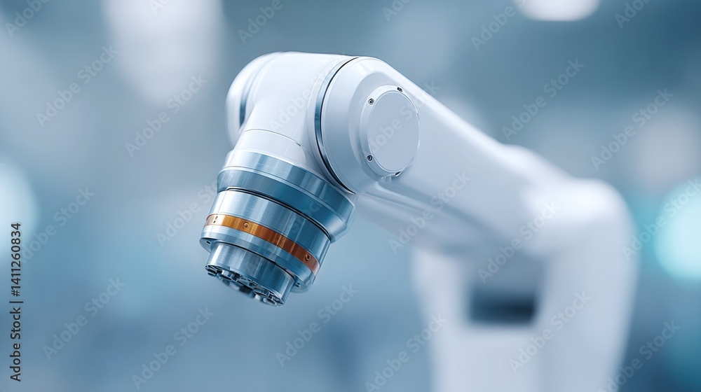 Poster close-up of high-tech robotic arm operating in factory environment