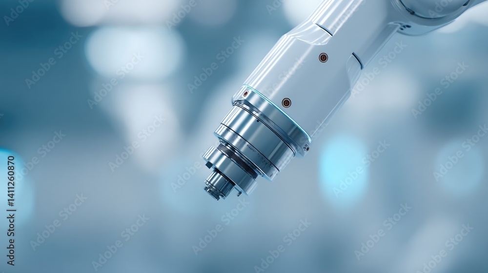Poster close-up of high-tech robotic arm operating in factory environment