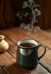Steaming mug of tea, warm earthy tones, rustic wooden table, minimal, teacup