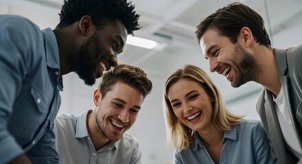 Three diverse colleagues analyzing social media data together in a modern office. The image conveys strategic thinking, collaboration, and the data-driven nature of digital marketing.