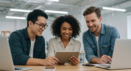 Three diverse colleagues analyzing social media data together in a modern office. The image conveys strategic thinking, collaboration, and the data-driven nature of digital marketing.