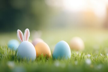Fototapeta premium colorful easter eggs scattered across green meadow near fluffy bunny ears peeking through grass effortlessly capturing