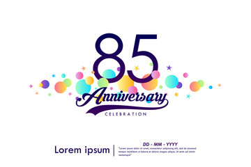 85th years anniversary celebration emblem. elegant anniversary logo isolated with ribbon and colorful circles and stars on white background. vector illustration template design