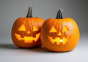 Two lit jack-o'-lanterns with smiling faces on a white background.