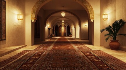 Obraz premium Grand arched hallway with ornate rugs and warm lighting