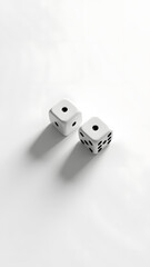 Three white dice in diagonal arrangement with long fading shadows. Hyper-realistic matte porcelain texture on pure white background.